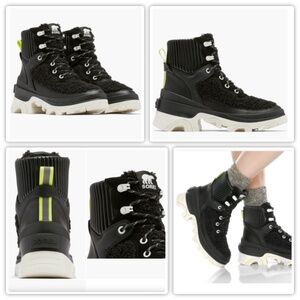 Sorel Brex Cozy Faux Shearling Black Lace Up White Lug Sole Waterproof Boots 8.5